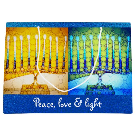 Geel Blauw Vrede Liefde Licht Chanoeka Menorah Groot Cadeauzakje (Voorkant)