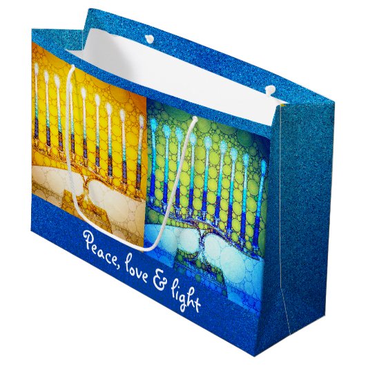 Geel Blauw Vrede Liefde Licht Chanoeka Menorah Groot Cadeauzakje (Voorkant Gekanteld)