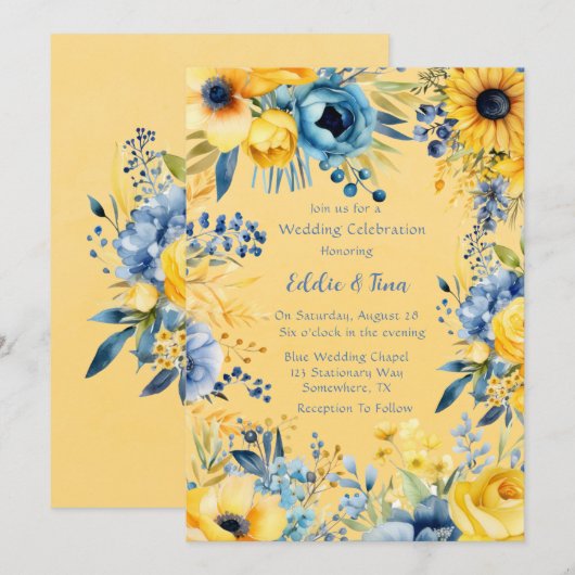 Geel Blauw Waterverf Pioen Bruiloft Kaart (Voorkant / Achterkant)