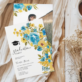 Geel Blauw Waterverf Wildflower Afstuderen Foto Kaart
