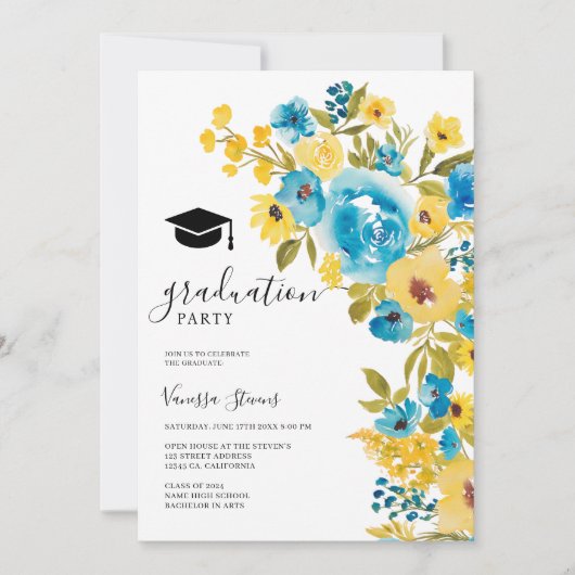 Geel Blauw Waterverf Wildflower Afstuderen Foto Kaart (Voorkant)
