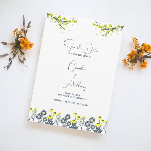 Geel Blauw Wildbloem Bloemen Boho Bruiloft Kaart