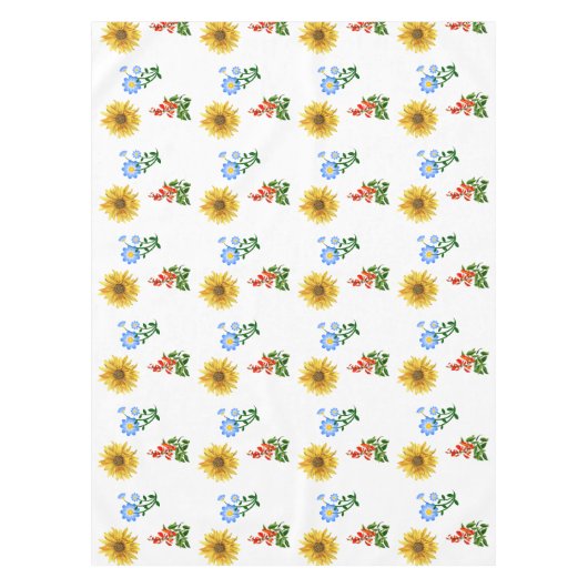 Geel Blauw Wildbloem Bloemen op Wit Tafelkleed (Voorkant)