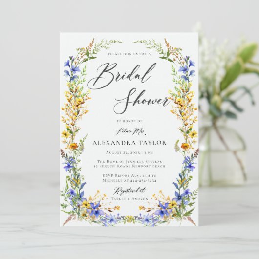 Geel Blauw Wildbloemen Boho Bloemen Vrijgezellenfe Kaart (Staand voorkant)