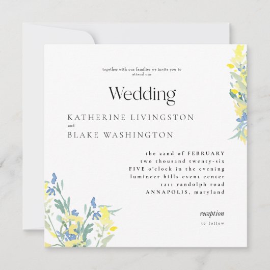 Geel & Blauw Wildflower Vierkant Bruiloft Kaart (Voorkant)