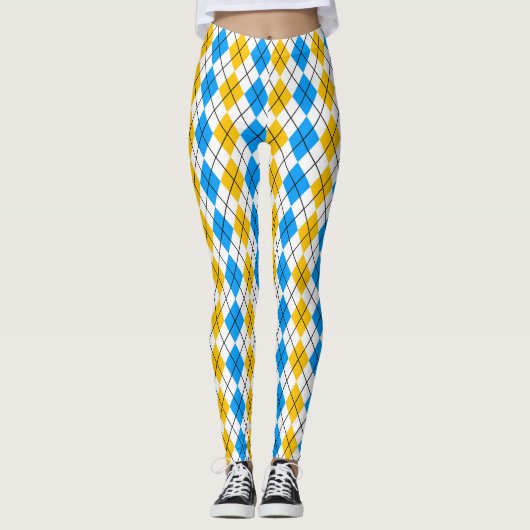 Geel Blauw Wit Argyle Diamant Design Leggings (Voorkant)