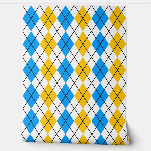 Geel Blauw Wit Argyle Diamond Design Behang (Afrollen)