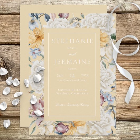 Geel Blauw & Wit Bloemen op Gele Uitnodiging