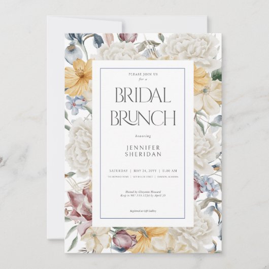 Geel Blauw & Wit Bloemen Wit Bruids Brunch Kaart (Voorkant)