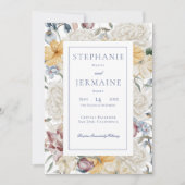 Geel Blauw & Wit Bloemen Wit Lijst Bruiloft Kaart (Voorkant)