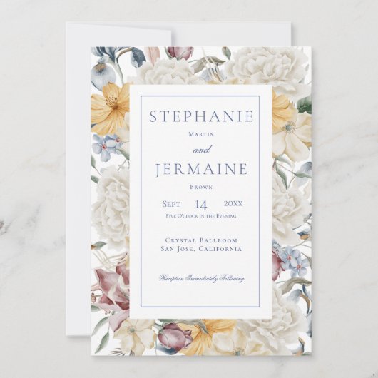 Geel Blauw & Wit Bloemen Wit Lijst Bruiloft Kaart (Voorkant)