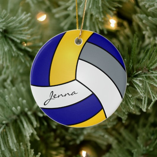 Geel, blauw, wit en grijs Volleybal personaliseren Keramisch Ornament (Boom)