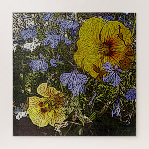 Geel blauw-witte bloemen in abstracte stijl legpuzzel