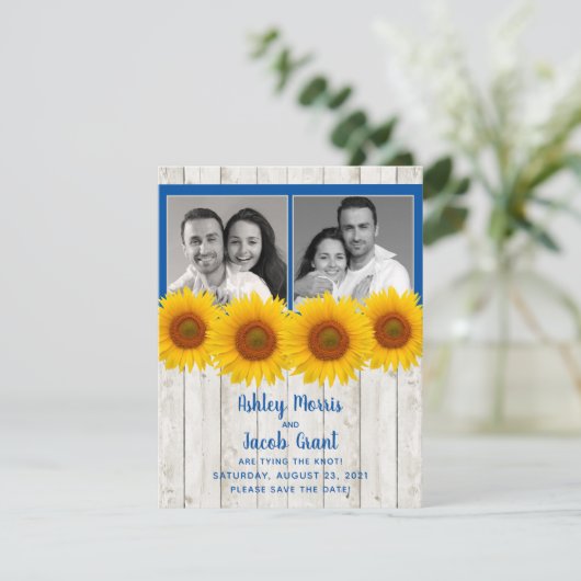 Geel Blauw Zonnebloem Rustic Foto sparen de Datum Save The Date (Staand voorkant)