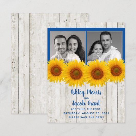 Geel Blauw Zonnebloem Rustic Foto sparen de Datum Save The Date (Voorkant / Achterkant)