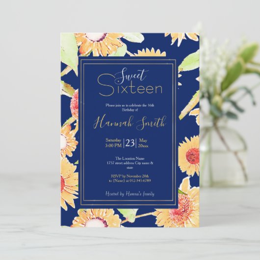  Geel & Blauw Zonnebloemen Waterverf Paint Kaart (Staand voorkant)