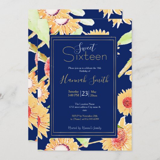 Geel & Blauw Zonnebloemen Waterverf Paint Kaart (Voorkant / Achterkant)