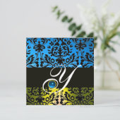 GEEL BLAUW ZWART DAMAST MONOGRAM saffier Kaart (Staand voorkant)