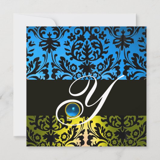GEEL BLAUW ZWART DAMAST MONOGRAM saffier Kaart (Voorkant)