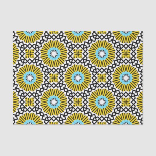 Geel blauw zwart-wit-mozaïekgeometrisch patroon tissuepapier (Voorkant)