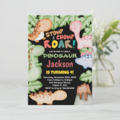 Geel Blauw Zwarte Dinosaur Birthday Invitations Kaart (Staand voorkant)