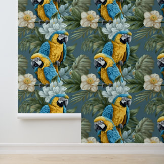 Geel-blauwe ara's behang