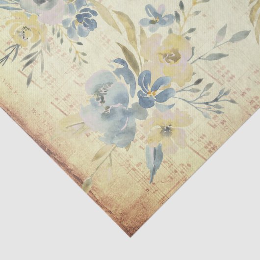 Geel blauwe bloemen |  muziekblad tissuepapier (Detail)