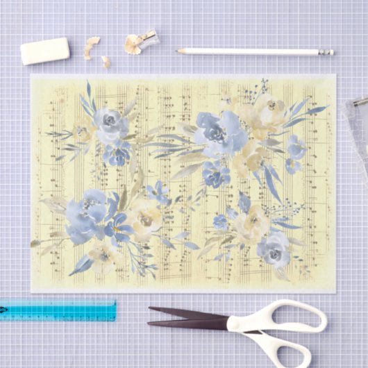 Geel blauwe bloemen | oude bladmuziek tissuepapier (Craft)