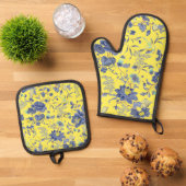 Geel Blauwe Bloemen Ovenwant & Pannenlap Set (Top down)
