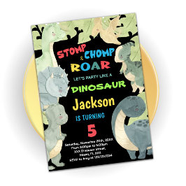 Geel Blauwe Groene Dinosaur Birthday Uitnodigingen
