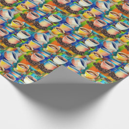 Geel Blauwe Koffiekopjes Waterverf Patroon Cadeaupapier