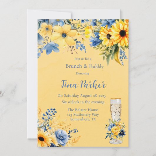 Geel Blauwe Pioen Waterverf Brunch en Bubble Kaart (Voorkant)