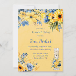 Geel Blauwe Pioen Waterverf Brunch en Bubble Kaart