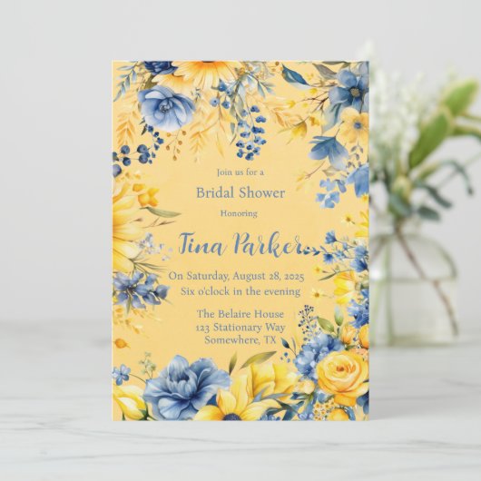 Geel Blauwe Pioen Waterverf Vrijgezellenfeest Kaart (Staand voorkant)