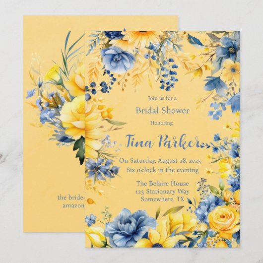 Geel Blauwe Pioen Waterverf Vrijgezellenfeest Kaart (Voorkant / Achterkant)