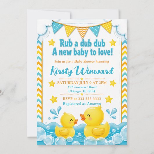 Geel & Blauwe Rubberen Eend Baby Shower Kaart (Voorkant)