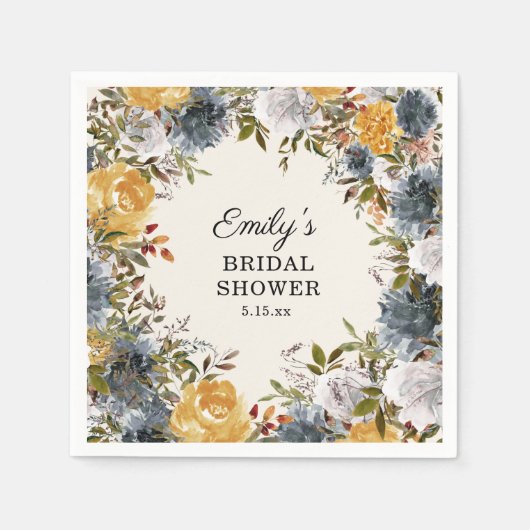 Geel Blauwe Waterverf Floral Vrijgezellenfeest Servet (Voorkant)