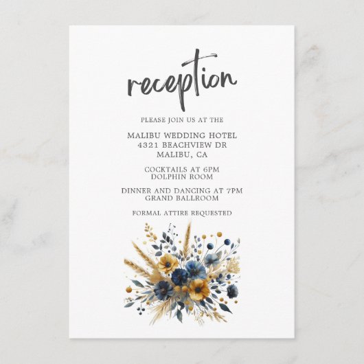 Geel Blauwe Wildbloemen Elegante bruiloft receptie Informatiekaartje (Voorkant)