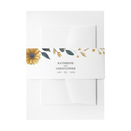 Geel Blauwe Wildbloemen Elegante bruiloft Uitnodigingen Wikkel (Voorkant Voorbeeld)