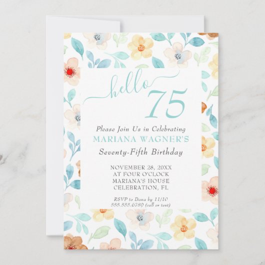 Geel Blauwgroen Bloemen 75e Verjaardag Kaart (Voorkant)