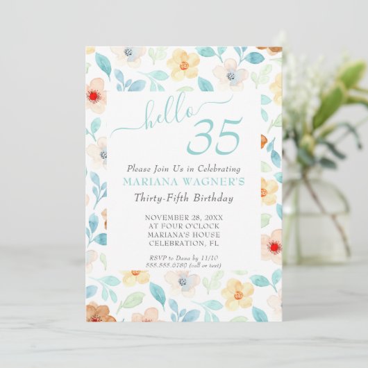 Geel Blauwgroen Floral Elegant Script 35th Birthda Kaart (Staand voorkant)