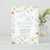 Geel Blauwgroen Floral Elegant Script 40th Birthda Kaart (Staand voorkant)