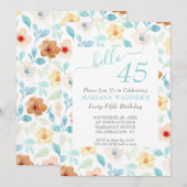 Geel Blauwgroen Floral Elegant Script 45th Birthda Kaart (Voorkant / Achterkant)