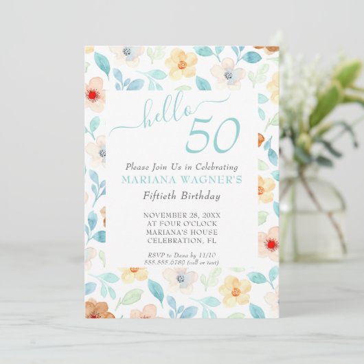 Geel Blauwgroen Floral Elegant Script 50th Birthda Kaart (Staand voorkant)