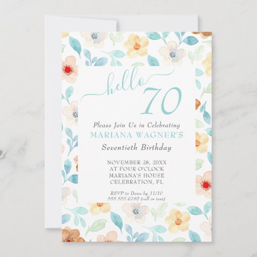 Geel Blauwgroen Floral Elegant Script 70th Birthda Kaart (Voorkant)