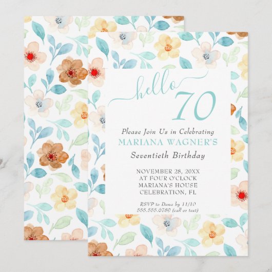 Geel Blauwgroen Floral Elegant Script 70th Birthda Kaart (Voorkant / Achterkant)