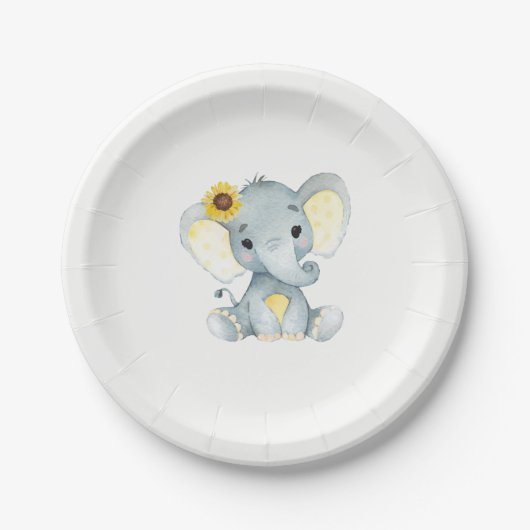 Geel Blauwgroen Olifant Bord 4 Baby shower, Verjaa (Voorkant)