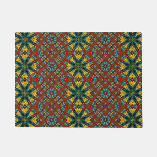 Geel Blauwgroen Rood Patroon Modern Boho Tribal Ho Deurmat (Voorkant)