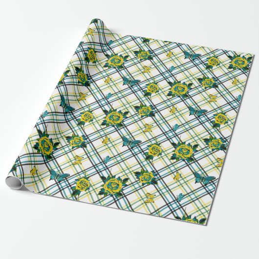 Geel Blauwgroen Tattoo Rozen Vlinders Plaid Cadeaupapier (Uitgerold)
