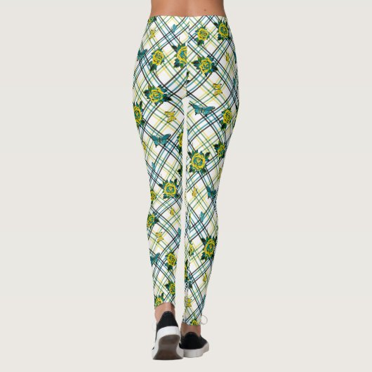 Geel Blauwgroen Tattoo Rozen Vlinders Plaid Leggings (Achterkant)
